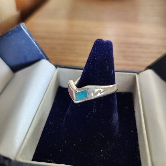 Vintage Navajo Sterling Silver Wave Ring With Turquoise & Coral Inlay Design Siz - Picture 3 of 5